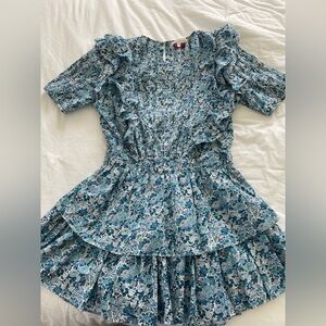 LoveShackFancy womens Blue Floral Ruffle Dress